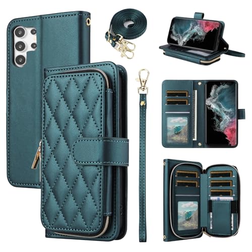 Wallet Case for Samsung Galaxy S21 Ultra 5G with Wrist Strap, 9+ Card Slots Zipper Purse, Luxury PU Leather Stand Full Body Phone Cover for S21ultra 21S S 21 21ultra G5 Women Girls Green | Wrist/Shoulder Strap, Card Slots, Purse, Luxury PU Leather, Stand,
