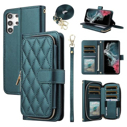 Wallet Case for Samsung Galaxy S21 Ultra 5G with Wrist Strap, 9+ Card Slots Zipper Purse, Luxury PU Leather Stand Full Body Phone Cover for S21ultra 21S S 21 21ultra G5 Women Girls Green | Wrist/Shoulder Strap, Card Slots, Purse, Luxury PU Leather, Stand,