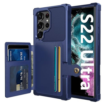 Wallet Case for Samsung Galaxy S22 Ultra, Compatible with Magnetic Car Mount, Heavy Duty Shockproof Rugged Soft TPU Back Leather Flip Credit Card Holder Cover 6.8 inch, Blue | Compatible with Magnetic Car Mount, Shockproof Rugged Soft TPU Hard Back Leathe