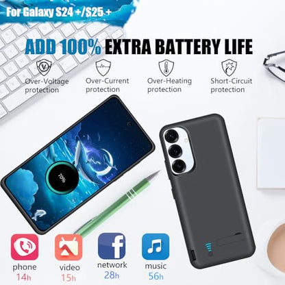 [Upgraded Battery Case for Samsung Galaxy S25+ / S24+, 5000mAh Rechargeable Extended Battery Charging Charger Case, Add 100% Extra Juice (6.7 Inches) Black