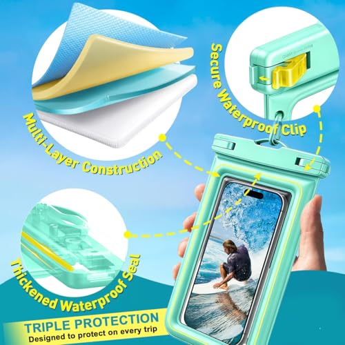 Waterproof Phone Pouch, 1 Pack IP68 Water Proof Cell Phone Case Floating | Beach & Cruise Essentials, Touch Screen, Dry Bag for iPhone 17 16 Pro Max Plus, Samsung Galaxy S26 S25/ Z Fold8 Ultra/Z Flip8 - color: Green, size: 7.5"