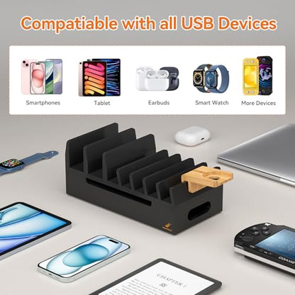 Bamboo Charging Stand for Multiple Devices Phone Watch Stand-Black - color: Black (No USB Charger)