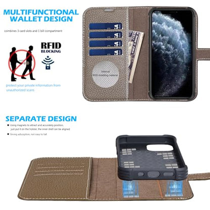 Genuine Leather Wallet Case for iPhone 16 Pro 6.3", Gray Brown | 2-in-1 Magnetic Detachable, Shockproof, Flip Folio with Card Slot, RFID Blocking - color: Gray Brown, size: 16 Pro 6.3‘’