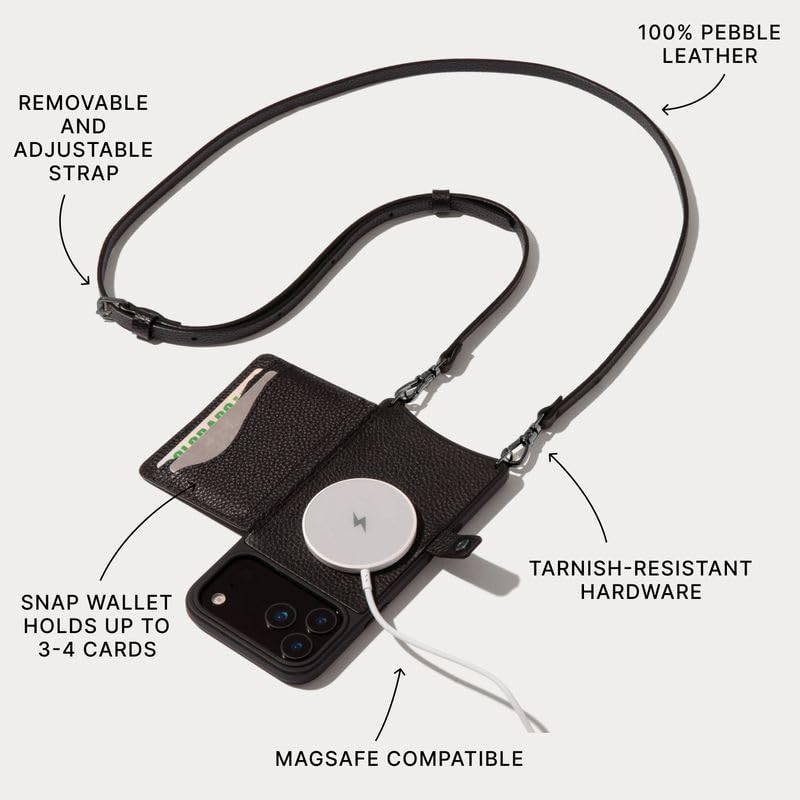 Bandolier Mila Leather Crossbody MagSafe Case iPhone 17 Pro Max - Black/P | Crossbody leather phone case. Built-in card-holder. Adjustable & removable strap. MagSafe Design. Phone drop protection. - color: Black/Pewter, size: Iphone 17 Pro Max