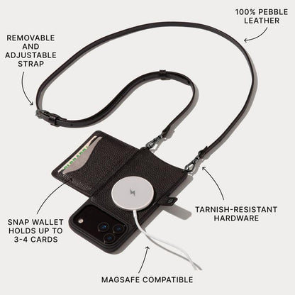 Bandolier Mila Leather Crossbody MagSafe Case iPhone 17 Pro Max - Black/P | Crossbody leather phone case. Built-in card-holder. Adjustable & removable strap. MagSafe Design. Phone drop protection. - color: Black/Pewter, size: Iphone 17 Pro Max