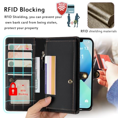 for Wallet Case Compatible with iPhone 13,Multi-Function Detachable 2 in 1 Magnetic iPhone 13 Case Wallet,Flip Strap Zipper Card Holder Phone Case with Shoulder Straps (Black) - color: Black, size: iPhone 13