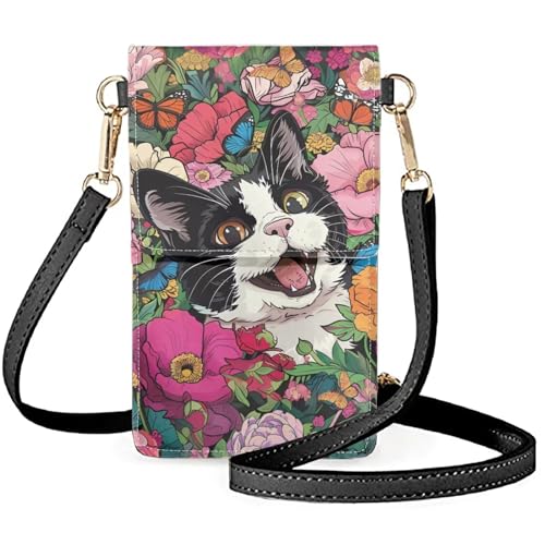 Cute Cat Crossbody Phone Holder Bags for Outdoor Floral Women Crossbody Purse with Touchscreen Window Lightweight Roomy Cell Phone Purse Wallet Birthday, Christmas Gift