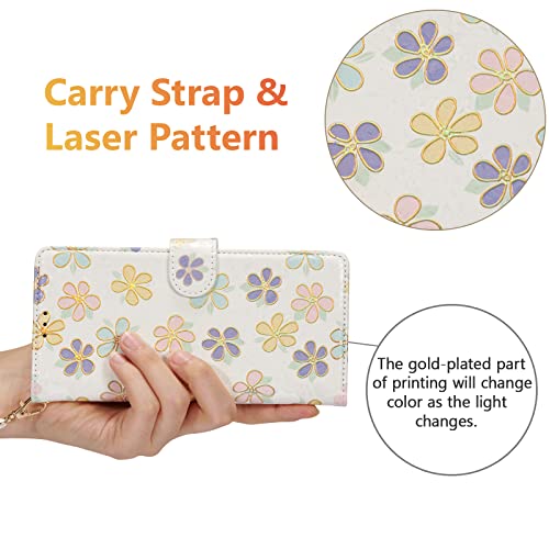 UEEBAI Wallet Case for iPhone 13 Pro Max, PU Leather Phone Cover Kickstand RFID Blocking Flip Case Card Slots Wrist Strap Relief Engraved Pattern Magnetic Closure Flower Folio Wallet, White Daisy - color: White Daisy, size: iPhone 13 Pro Max