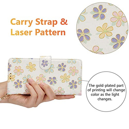 UEEBAI Wallet Case for iPhone 13 Pro Max, PU Leather Phone Cover Kickstand RFID Blocking Flip Case Card Slots Wrist Strap Relief Engraved Pattern Magnetic Closure Flower Folio Wallet, White Daisy - color: White Daisy, size: iPhone 13 Pro Max