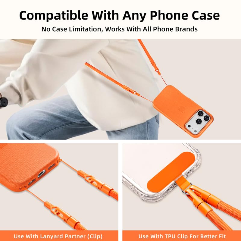 Phone Lanyard Phone Strap Crossbody Compatible with iPhone 17/Air/Pro/Max All Phone Cases with 2 Charms Dual Holes TPU Tab 360° Hook Adjustable Hands-Free Shoulder Neck Camera Strap Anti Theft Orange - color: A-orange