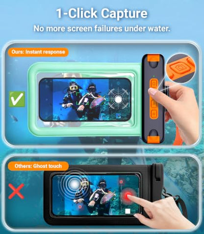 IP68 Bluetooth Shutter Waterproof Phone Pouch Case,Floating,Green | Hands-Free Photo & Video Underwater Control.Large Waterproof Phone Case Universal Fit for 8.5" Phone(iPhone Samsung Google) - color: Green