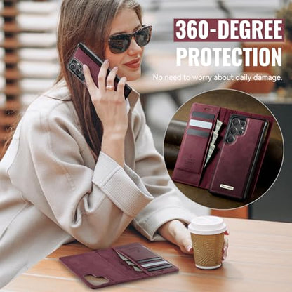 for Samsung Galaxy S25 Ultra 2in1 Detachable Wallet Case, Burgundy | Compatible with Magsafe, Magnetic, RFID Blocking Card Holder, Shockproof, Kickstand, Wireless Charging, PU Leather Flip Cover - color: Retro Burgundy, size: Galaxy S25 Ultra - 6.9"