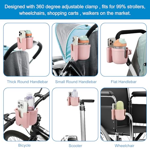 Accmor Stroller Cup Holder with Phone Holder, Bike Cup Holder, Universal Cup Holder for Uppababy Nuna Strollers, 2-in-1 Drinks Holder for Walker, Wheelchair, Scooter - color: All Light Pink & All Light Pink