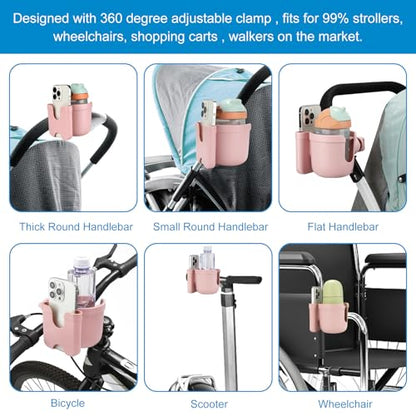 Accmor Stroller Cup Holder with Phone Holder, Bike Cup Holder, Universal Cup Holder for Uppababy Nuna Strollers, 2-in-1 Drinks Holder for Walker, Wheelchair, Scooter - color: All Light Pink & All Light Pink