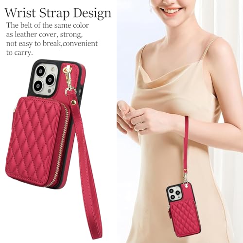 Phone Case for iPhone 14 Pro 6.1 inch Wallet Cell Cover with Tempered Glass Screen Protector Wrist Crossbody Strap RFID Blocking Card Holder TPU iPhone14Pro 5G i i-Phone i14 iPhone14 4 14Pro Women Red - color: Red