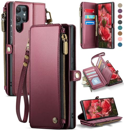Defencase for Samsung Galaxy S25 Ultra Wallet Case with Card Holder, W-Red | with RFID Blocking Zipper Pocket, Durable PU Leather, Wrist Strap, S25 Ultra Flip Phone Cases Cover with Stand for Women Men - color: Wine Red