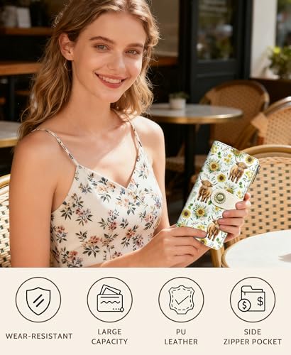 GIANCOMICS Highland Cow Womens Wallet RFID, Cute Credit Card Holder Bifold | Billfold, Cute Cash Purse, Travel Zipper Coin Pocket, Compact Clutch, PU Leather, ID Window, 11 Card Slots, Ladies Gift Woman - color: Highland Crow and Sunflowers