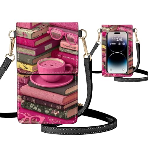 Small Crossbody Bags for Women Touchscreen Cell Phone Bag Cross Body Purses with adjustable Strap,Gifts For Teenage Girls - color: Pink Books & Coffee