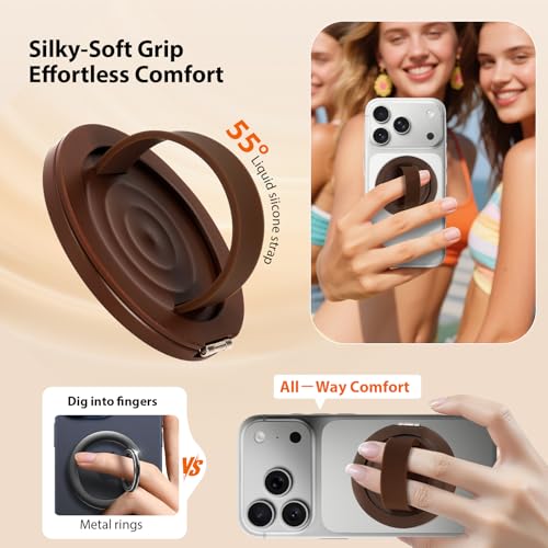 Upgraded Magnetic Phone Grip&Phone Stand, Liquid Silicone Soft and Portable Phone Ring, Removable Finger Loop Ring Grip Holder for iPhone, Strong Magnetic , Compatible with MagSafe Phone Case Brown - color: Light Brown