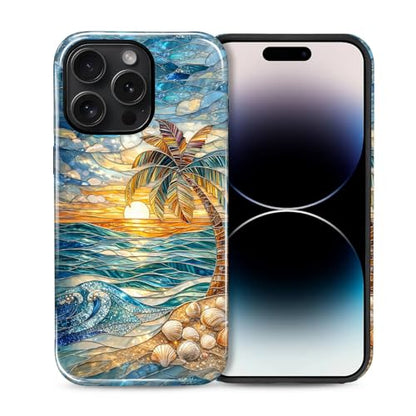 Case for iPhone 14 Pro, Dual Layer Phone Cover, Stained Glass Beach Palm - color: Stained Glass Beach Palm, size: Iphone 14 Pro