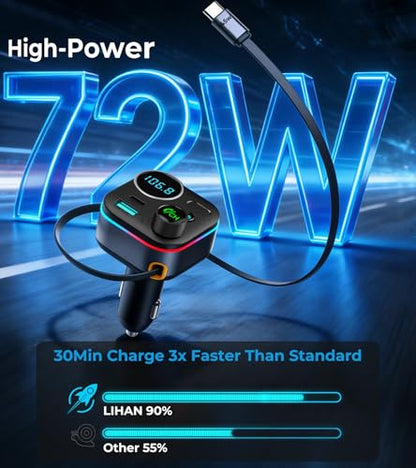 Bluetooth 5.4 FM Transmitter, 72W Car Charger with 45W Retractable USB-C PD