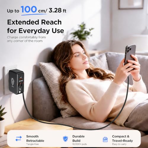 4-in-1 Retractable Wall Charger,35W Ultra-Compact Travel Charger - color: Black