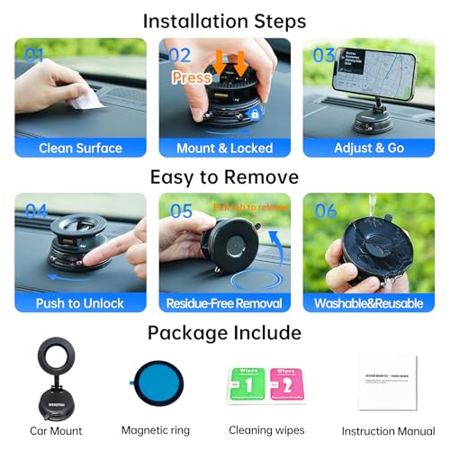 Upgraded Car Phone holder for Magsafe [120LBS Suction Cup & 3000gf Magnet ] 1100° Adjustable Vacuum Magnetic Phone Holders for Your Car, Dashboard Car Mount Bracket for iPhone & Android, Carbon Fiber - color: Black