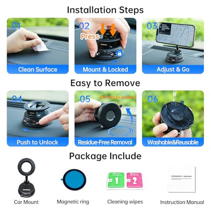 Upgraded Car Phone holder for Magsafe [120LBS Suction Cup & 3000gf Magnet ] 1100° Adjustable Vacuum Magnetic Phone Holders for Your Car, Dashboard Car Mount Bracket for iPhone & Android, Carbon Fiber - color: Black