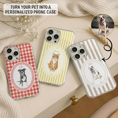 Custom Pet Portrait Watercolor Striped Pattern - Personalized Phone Case Custom Aesthetic Protective Cellphone Cover Accessory Present for Dog Cat Mom Dad Animal Lover