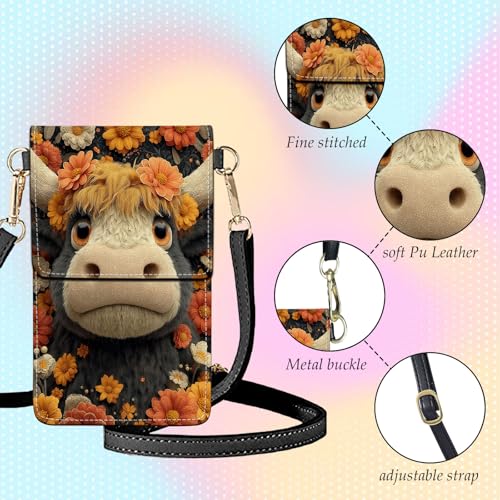 Small Crossbody Bags for Women Touchscreen Cell Phone Bag Cross Body Purses with adjustable Strap,Gifts For Teenage Girls - color: Cute Floral Highland Cow
