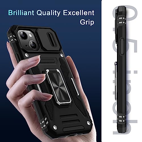 DEERLAMN Case for iPhone 13/iPhone 14 6.1-Inch with Slide Camera Cover+Screen Protector(2 Packs),Rotated Ring Kickstand Military Grade Shockproof Protective Cover-Black - color: Black