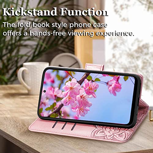 for Moto G Power 2022 Case Wallet,Women Flip Cover,Rose Gold | Butterfly Embossed PU Leather Kickstand Credit Card Holder Slots Magnetic Wrist Strap Purse - color: Rose Gold