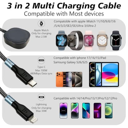100W Multi Charging Cable for Apple iWatch/Lightning/USB C, 6.6FT - size: AC to C+L+iWatch(6.6FT)