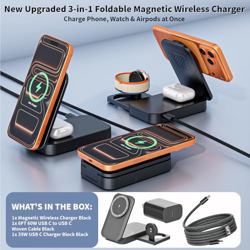 3 in 1 Magnetic Wireless Charger iPhone Charging Station,25W Mag-Safe Charger for iPhone with 35W USBC Fast Charging Block iPhone 6FT USBC-C Woven Cord for iPhone 17/16/15 Pro/Pro Max/14/13/12/AirPods