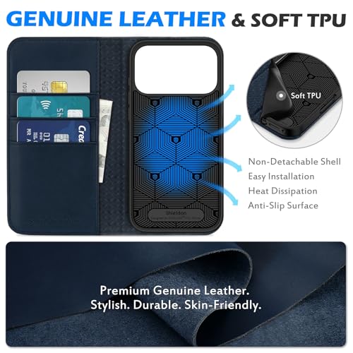 SHIELDON Genuine Leather Wallet Case for iPhone 17 Pro Max 6.9", Navy Blue | Magnetic Closure, RFID Blocking, Credit Card Holder, Viewing Stand, Foldable Design, Shockproof Protective Cover - color: Navy Blue