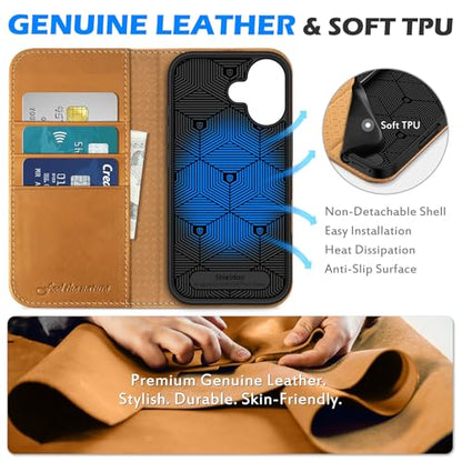 SHIELDON Genuine Leather Wallet Case for iPhone 17 6.3", Retro Light Brown | Magnetic Closure, RFID Blocking, Credit Card Slot, Kickstand, Flip Book Design, Shockproof Phone Cover - color: Retro Light Brown