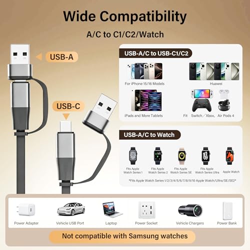 100W Retractable Multi Charging Cable for Apple Watch Charger,Dual USB C