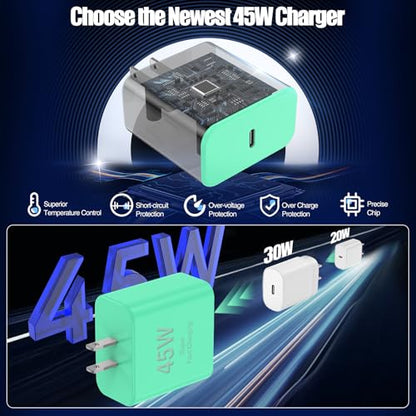 45W USB C Fast Charger for iPhone 17/ Air/16/15 Pro Max - color: Green, size: 2Pack-10FT-iPhone15-17