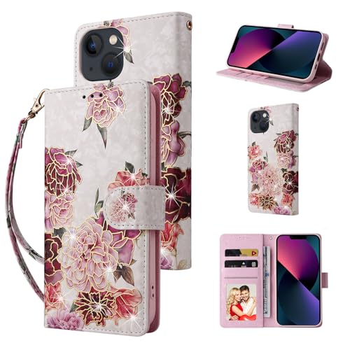 UEEBAI Wallet Case for iPhone 13, PU Leather Phone Cover Kickstand RFID Blocking Flip Case Card Slots Wrist Strap Relief Engraved Pattern Magnetic Closure Flower Folio Wallet, White Flower - color: White Flower, size: iPhone 13