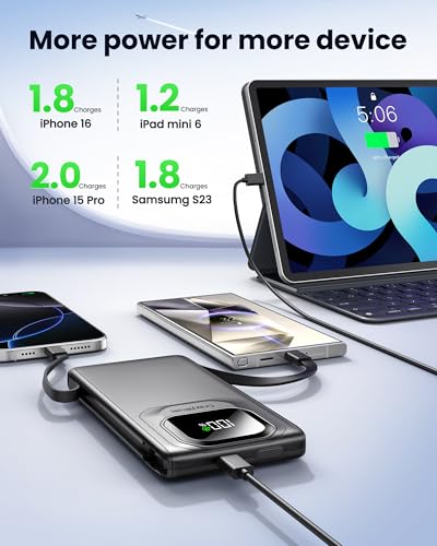 Portable Charger with Built-in Cables,22.5W Super Fast Charging Power Bank Slim Phone Charger,10000mAh Travel Battery Pack Battery Bank with Smart LED Display for iPhone, Android & USB-C - color: Black