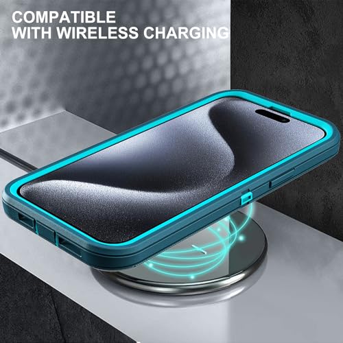 YKHJKLEC for iPhone 15 Pro Case, Military Grade 3 in 1 Heavy Duty Shockproof/Drop Proof/Dust Proof Case with 2Pcs Tempered Glass Screen Protector (Blue/Turquoise) - color: Blue/Turquoise