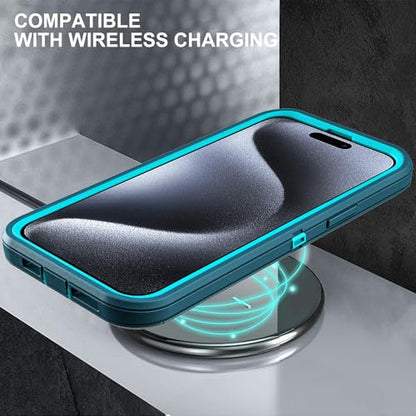 YKHJKLEC for iPhone 15 Pro Case, Military Grade 3 in 1 Heavy Duty Shockproof/Drop Proof/Dust Proof Case with 2Pcs Tempered Glass Screen Protector (Blue/Turquoise) - color: Blue/Turquoise