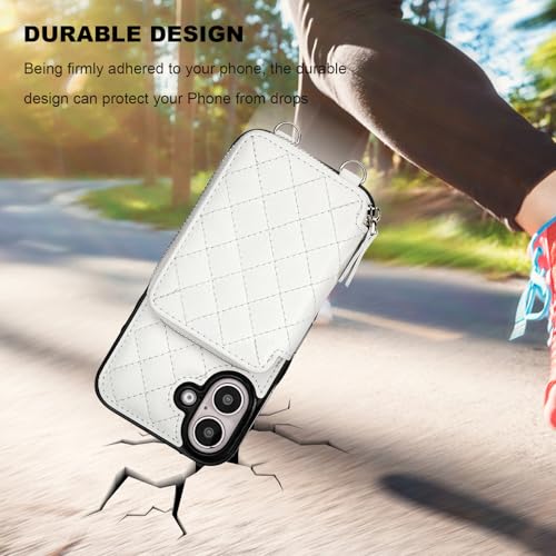 Bocasal Crossbody Wallet Case Card Holder for iPhone 16, White | RFID Blocking PU Leather Zipper Handbag Purse, Kickstand Flip Folio Case with Card Slots Holder Wrist Strap Lanyard 6.1 Inch - color: White