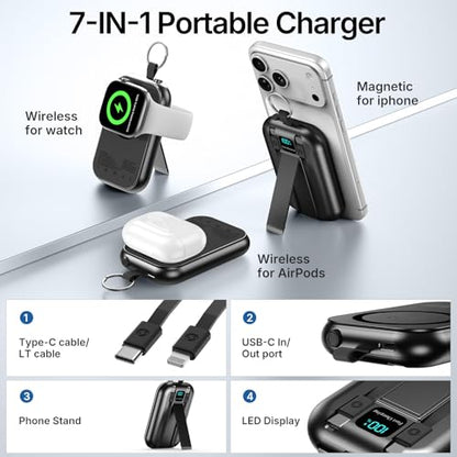 for MagSafe Portable Charger, 10000mAh Power Bank with Built-in 2 Cables - color: Black1