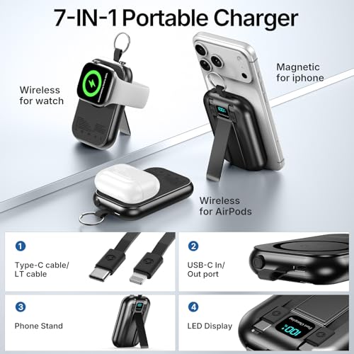 for MagSafe Portable Charger, 10000mAh Power Bank with Built-in 2 Cables - color: Black1