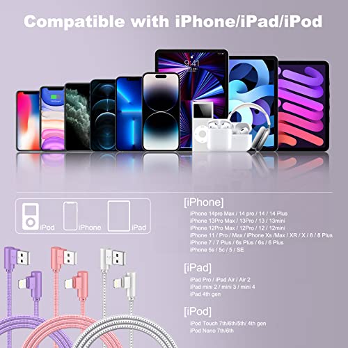 USB A to Lightning Cable, 3PCS 10FT iPhone Charger, 90 Degree Cable