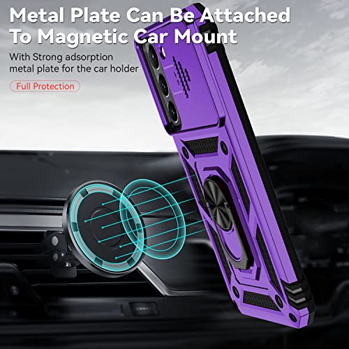 for Samsung Galaxy S22 Case with Camera Lens Cover HD Screen Protector, Dual Layer Military-Grade Drop Tested Magnetic Ring Holder Kickstand Protective Phone Case for Samsung Galaxy S22 5G (Purple) - color: Purple with camera cover Military-Grade 2nd gen