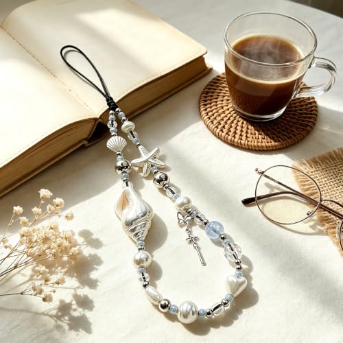 Cute Beaded Camera Wrist Strap for Phone, Digital Camera Charm Lanyard, Pearl Beaded Chain for Bag Keychain Gift - color: White Conch