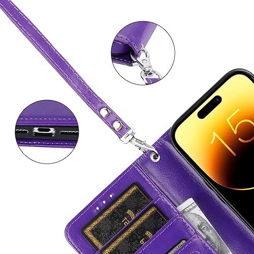 Bocasal Detachable Wallet Case Card Holder for iPhone 15, Purple | RFID Blocking Kickstand Card Slots Holder PU Leather Magnetic Shockproof Wrist Strap Removable Flip Protective Cover 6.1 inch - color: Purple