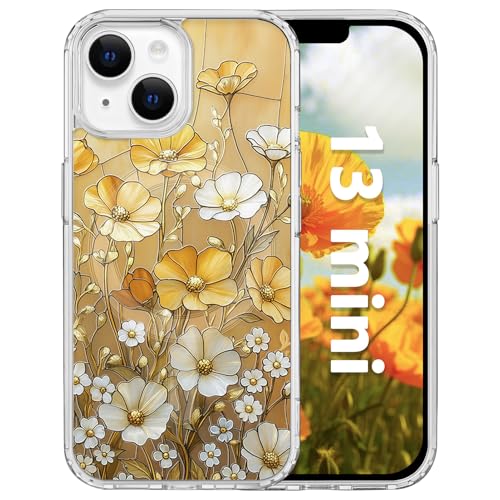 for iPhone 13 Mini 5.4" Magnetic Case[Compatible with MagSafe]Aesthetic Vintage Stained Glass Bloom Flower Design, Slim Fit Hard PC Back Shockproof Cute Clear Phone Cover, Golden Wildflower - color: Golden Wildflower, size: iPhone 13 Mini
